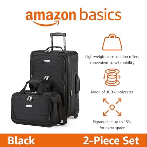 Amazon Basics 2-Piece Luggage Set, Expandable Cabin Suitcase (58 cm) and Tote Bag (25 cm), Soft Shell Suitcase with Wheels, Lightweight Polyester, Black, for Travel Work Weekend Breaks — view 2