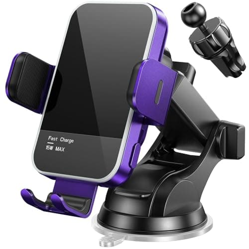 Car Phone Holder Wireless Charger,【7 Colored RGB Backlit】MOSURR 15W Auto Clamping Wireless Car Charger Mount for iPhone 16 15 14 Mini Pro Max, Samsung Galaxy S26 Ultra S25 S24+, etc - Purple