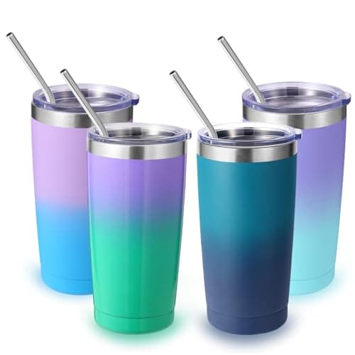 Volhoply 20oz 550ml Travel Insulated Tumbler with Lid and Straw Bulk 4 Pack, Double Wall Stainless Steel Coffee Mug Fits Cup Holder,Powder Coated Cup for Hot & Cold Drinks, BPA Free(Assorted,4 Set)