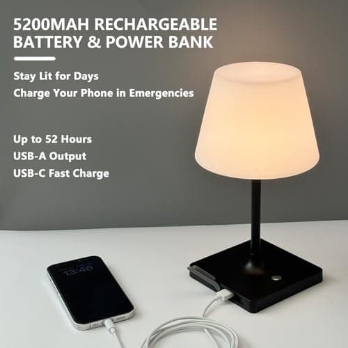 ZEONX Waterproof Rechargeable Table Lamp, 5200mAh Cordless Battery Operated LED Night Light with 3 Color Temperatures & Dimmable Touch Control – for Shower, Bathroom, Patio, Camping (Black(1Pack)) — view 3