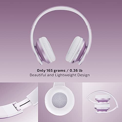 PowerLocus Wireless Bluetooth Over-Ear Stereo Foldable Headphones, Wired Headsets Noise Cancelling with Built-in Microphone for iPhone, Samsung, LG, iPad (White/Purple) — view 4