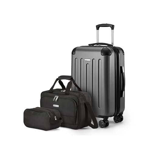 Amazon Basics Hardside Carry-On Spinner Luggage Set, 3-Piece, Carry-On Suitcase, Tote Bag, Compact Travel Bag, Expandable, 4 Spinner Wheels, Black
