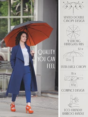 ENGLISH SUMMER Luxury Windproof Umbrella for Rain & Sun: Strong, Automatic, Extra Large Canopy, Vented, Portable Folding, Quality, Real Wooden Handle (Charcoal & Burnt Orange) — view 2