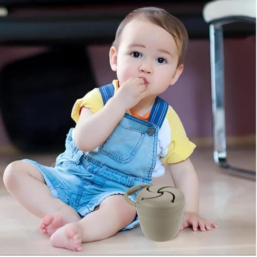 PandaEar 2 Pack Toddler Snack Pots, Collapsible Silicone Baby Snack Pots Cups, Spill Proof Toddler Snack Box Storage Container Food Catcher, Light Tan/Walnut — view 3
