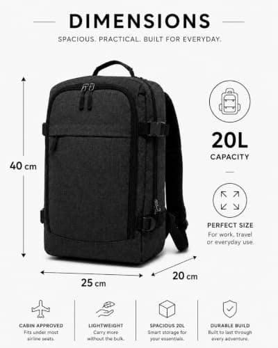 BP-R-120 Ryanair Cabin Bag 40x25x20cm Carry On Backpack Underseat CabinBag Carry on Luggage for Men Women Travel Bag Backpack (Black) — view 2