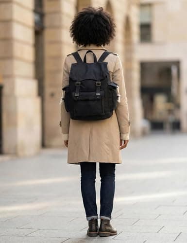 Vintage Canvas Backpack Webbing Rucksack 100% Cotton Army Style Satchel with Side Pockets - Work Travel School Bag - Black — view 4