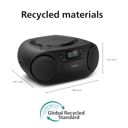Philips TAZ2000 Portable CD Soundmachine with FM Radio, Bluetooth 6.0, USB Playback, Audio‑In, Dynamic Bass Boost, 6W Stereo Speakers, AC/Battery Powered, Carry Handle - Black — view 2