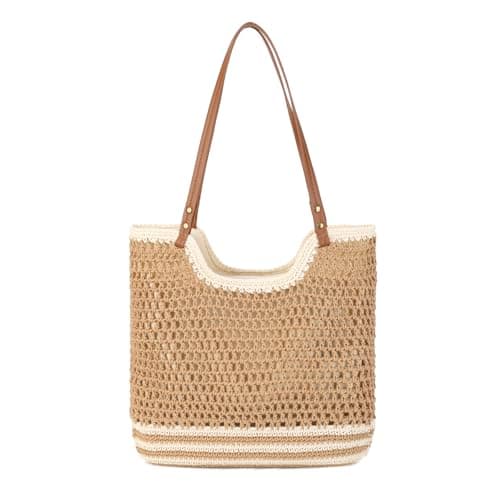 GLITZALL Beach Tote Bag for Women Cotton Rope Woven Shoulder Bag, Large Crochet Summer Handbag with with Faux PU Handles, Lightweight Travel Shopper Bag for Holiday Beach Shopping Everyday
