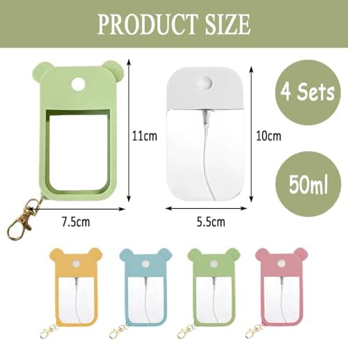 MSLSOZ 4-Pack Reusable Portable 50ml Spray Bottles with Hooks & Silicone Sleeves, Refill Nozzle and Funnel for Hand Sanitizer & Fragrance Cosmetics Moisturizer (Empty Bottles, Twist-off Caps). — view 2