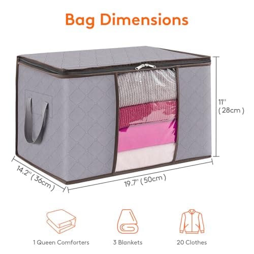 Lifewit 50L Clothes Storage Bags Large Storage Box With Lid Packing Boxes for Moving House With Reinforced Handle Thick Fabric Clear Window for Clothes Duvet Blankets Bedding, 3 Pack, Light Grey — view 2