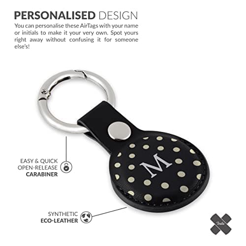 Tirita Personalised Case Keyring Holder Compatible with Apple AirTag 1 & 2 - Leather Case with Key Ring for Apple Air Tag [23- Polka Dots Name on Black] — view 5