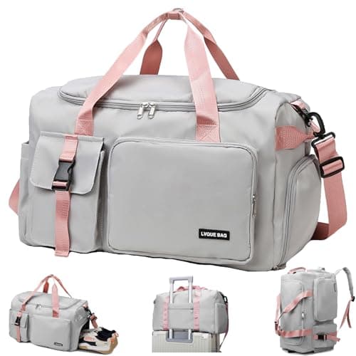 YOUYIKE Sports Bag for Women and Men, Sports Gym Bags, 42L Waterproof Travel Bag, with Shoe Compartment and Wet Pocket, Large Holdall, Cabin, Gym Bags, for Travel, Fitness, Sport, Gray + Pink