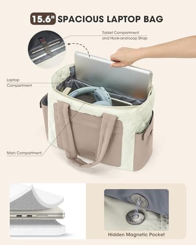 RAINSMORE 15.6 Inch Puffer Laptop Tote Bag for Women Large Quilted Cloud Bag with 15 Pockets and Luggage Sleeve Lightweight Water-Resistant Work Handbag for Teacher, Travel, Gym, School Khaki White — view 3