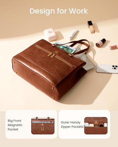 LOVEVOOK Laptop Handbags for Women, 17.3 Inch Large Tote Bag Ladies Work Bags with Compartments, Vintage-Style Leather Laptop Bags Womens Handbag Shoulder Bag for School Office Business, Brown — view 3
