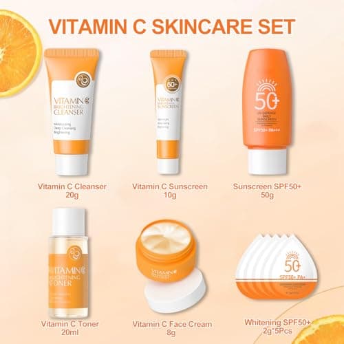 10Pcs Vitamin C Skincare Set & Facial Kit for Outdoor & Beach, Travel Size Skincare Set with Cleanser, Toner, Moisturiser & Sunscreen SPF 50, Brightening Anti-Aging Gift — view 3