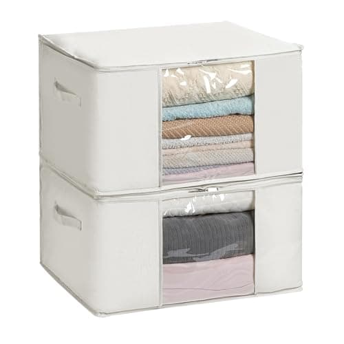 TYEERS Large Storage Bags with Zip and Clear Window, Cotton Blended Fabric Storage Containers for Seasonal Clothes and Bedding, 60x40x35 cm, 2-Pack, Beige