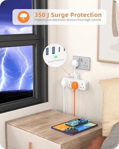 Multi Plug Extension Socket with 4 USB (2 Type C), ANVODE 4 Way Plug Adaptor with Short Cable, Adapter Plug UK Turn 1 to 8, Short Extension Lead Power Strip for Bedroom, Office, Kitchen. White — view 3