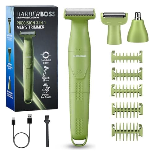 BarberBoss 3-in-1 Men’s Precision Trimmer, Beard and Hair Grooming Kit for Men, Body Groomer, Nose & Ear Trimmer, Rechargeable Cordless Shaver with USB Charging, 3-in-1 Men’s Shaver (Green)