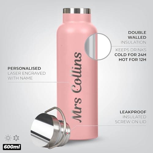 Personalised Water Bottle Stainless Steel 600ml Water Bottle, Vacuum Insulated Metal Water Bottles Pink Teacher Gift for Her — view 2