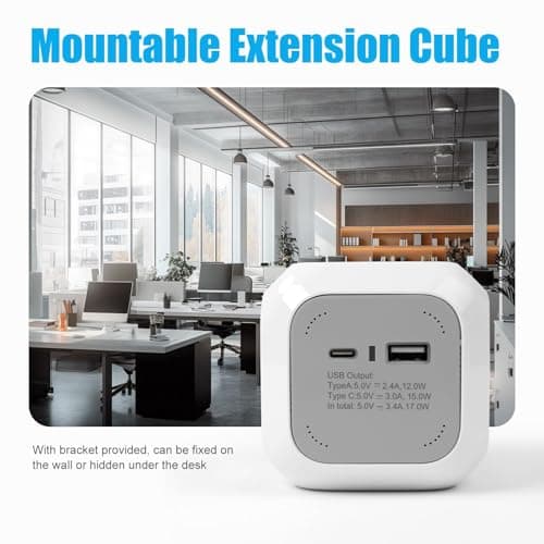 EXTRASTAR 4 Way Cube Extension Lead 1.5M, Power Cube Usb C 3120W, Cube Plug Extension with 2 Usb Ports(5V/3.4A) for Home Office Dorm and Travel - Grey — view 5