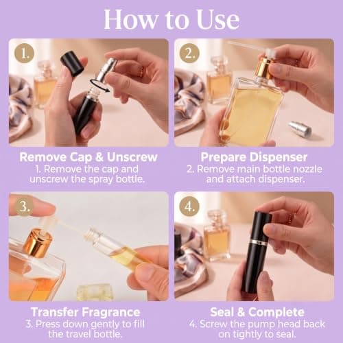 rietegio 10ML Perfume Atomiser 4Pcs Refillable Travel Spray Bottle Portable Empty Perfume Dispenser Mini Atomizer for Purse, Handbag, Pocket and Luggage (Black Silver Pink Purple) — view 4