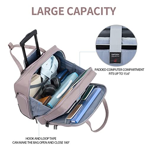 EMPSIGN 15.6 Inch Rolling Laptop Bag with Wheels for Men Women, Dusty Pink — view 3