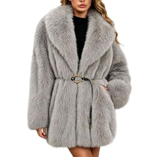 Gray Womens Faux Fur Coat Lapel Belted Warm Winter Jacket with Pockets XXL