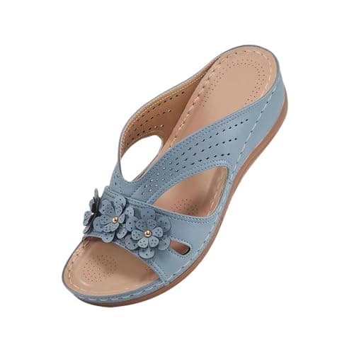 Orthopedic Sandals for Women UK Open Toe Dressy Summer Beach Sandals Wide Fit Walking Sandal Comfy Lightweight Footwear Ladies Backless Slip Ons Vintage Flower Boho Wedge Heel Sliders Sky Blue