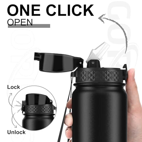 GOPPUS 1L/32oz Stainless Water Bottle with Straw Double Wall Insulated Bottles with Strap Reusable Vacuum Thermal Flask Leakproof Keep Cold Drinks Bottles with Flip Top Lid BPA Free (Black) — view 2