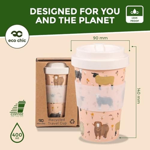ECO CHIC Recycled Travel Coffee Cup 400ml Microwave Dishwasher Safe Plastic Travel Mug (Sheep Realism Beige) — view 3