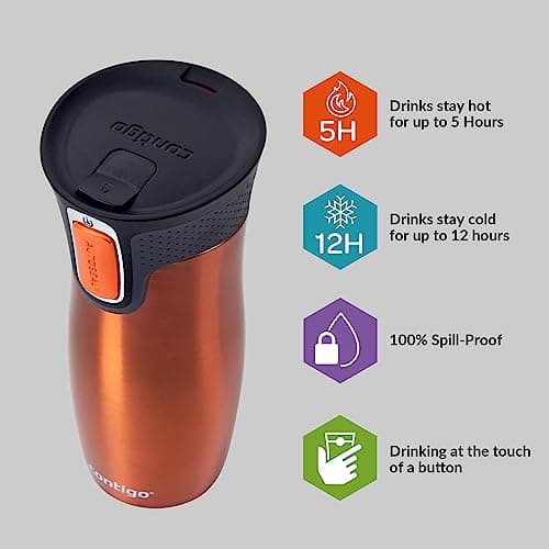 Contigo West Loop Autoseal Travel Mug, Stainless Steel Thermal Mug, Vacuum Flask, Leakproof Tumbler, Coffee Mug with BPA Free Easy-Clean Lid, 470 ml, Tangerine — view 2