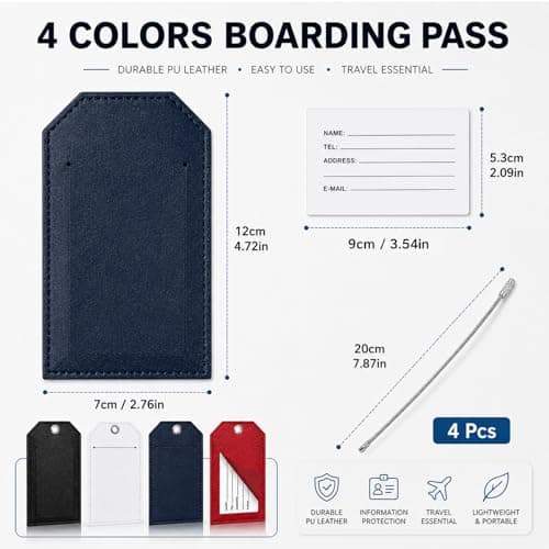 Redamancy 4 Pcs Luggage Tags, Leather Suitcase Tags, Baggage Tags with Adjustable Strap Privacy Protection Cover for Preventing Loss of Bags and Suitcases(Black, Red, White, Blue) — view 2