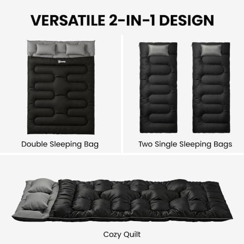 Outsunny Double Sleeping Bag with 2 Pillows 220 x 160 cm Black — view 3