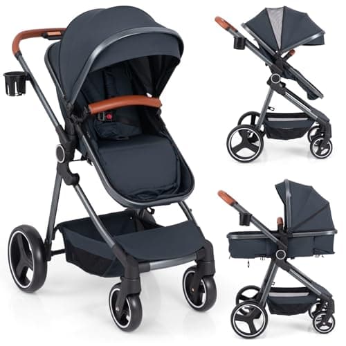 COSTWAY Baby Pushchair, Foldable Travel System Pram with Reversible Seat, Adjustable Canopy & Backrest, Storage Basket, Cup Holder, Aluminum Structure Stroller for 0-36 Months (Dark Blue)