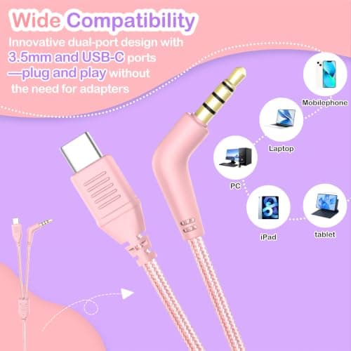VkingMoR Kids Headphones for School Travel, Upgrade USB Type C Safe Volume 94dB, with Mic HD Stereo Sound Foldable On-Ear Headphones for Boys/Girls/Students/Tablet/Travel(Pink) — view 2