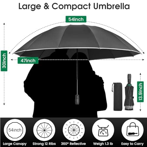 G4Free 54 Inch Inverted Windproof Umbrella, Large Automatic Golf Umbrella with Double Canop and Reflective Strip, Folding Umbrella Compact for Car & Backpack, Black — view 5