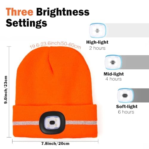 Wmcaps Fleece Lined LED Beanie for Men, Reflective Mens Beanie Hat, Type-C Rechargeable Headlamp with 4 LED Lights, High-Visibility Safety Hat with Torch, Warm for Dad (Bright Orange) — view 4