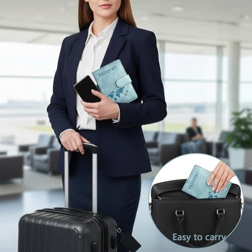 Passport Holder Cover and Suitcase Tag Set Blue PU Leather RFID Blocking — view 5