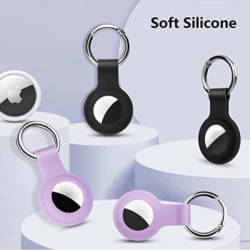 4 Pack KOKOKA Protective Case Compatible with Airtag, Airtag Case Cover Tracker Holder Keyring Silicone Case with Keychain for Keys Bags Luggage Dog Cat Pet Collar, Black and Lavender — view 6