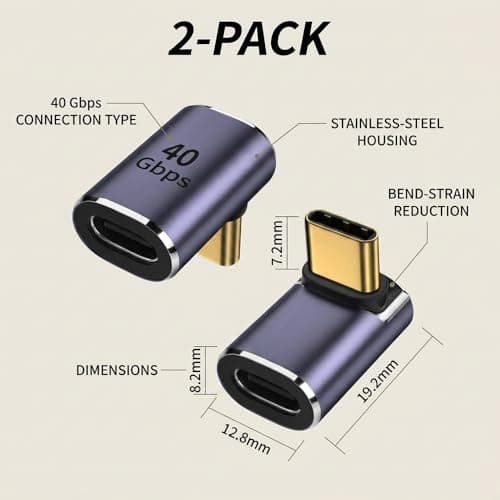 Nebulixq 2-Pack USB C Right Angle Adapter, 90 Degree USB C Male to Female Connector, Low-Profile Extension for Tablets & Smartphones, Plug-and-Play Stainless Steel — view 2
