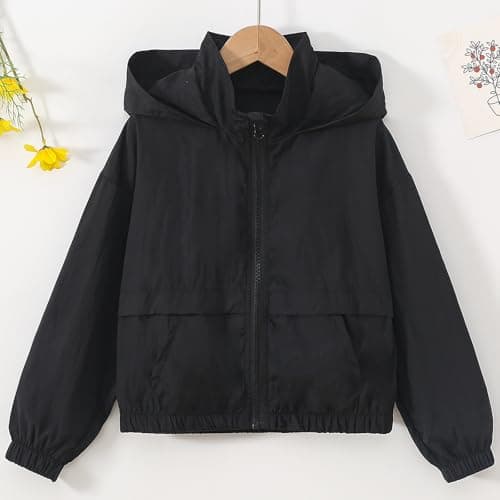 Boys Girls Rain Jacket Spring Fall Waterproof Zipper Hooded Raincoat Teen Kids Plain Lightweight Windbreaker with Pockets Breathable Packable Rain Coat (UK, Age, 13 Years, 14 Years, Regular, Black) — view 3