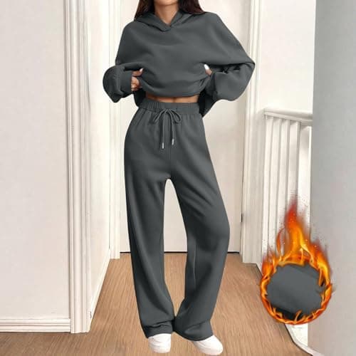Tracksuit Womens Full Set Oversized 2 Piece Outfits Long Sleeve Hoodie and Sweatpants Women Lounge Wear Sets Fashion Sweatsuits Wide Leg Jogger Loose Loungewear Gym Fitness Activewear Set Dark Gray M — view 5