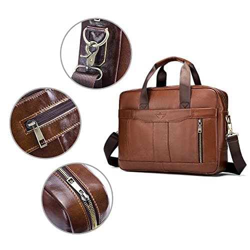 BAGZY Unisex Vintage Genuine Leather Laptop Briefcase for Mens Women Shoulder Bag Messenger Handbag Business Document Bag Satchel Rucksack 14 inches Laptop Bag for Office Work Travel College Coffee… — view 5