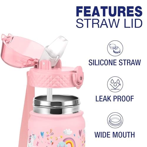 GOPPUS 550ml/18oz Kids Insulated Water Bottle with Straw Cute Double Wall Stainless Steel Child's Small Flask Vacuum Insulated Steel Metal Leak Proof Drink Flask Boys Toddler Girls Bottles BPA-Free — view 2