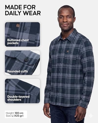 DANISH ENDURANCE Flannel Shirt Men, 100% Organic Cotton Brushed Flannel Shirt, Relaxed Fit, Long Sleeve Navy M — view 2