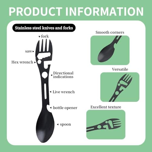 Verazquy 10-in-1 Multi-Tool Camping Spork - Utility Travel Cutlery Set in Stainless Steel, All-in-One Spoon, Fork, Knife with Bottle Opener Tools Eco Reusable for Hiking Outdoor(Black) — view 3