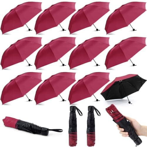 Silkfly Bulk Folding Umbrellas for Rain Sun Burgundy‌ 12 Pack