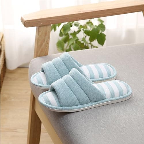 Home Slippers for Women Memory Foam Soft Cotton Indoor House Shoes Open Toe Slip on Stripe Slides Travel Hotel Spa Bedroom Slippers Blue — view 2