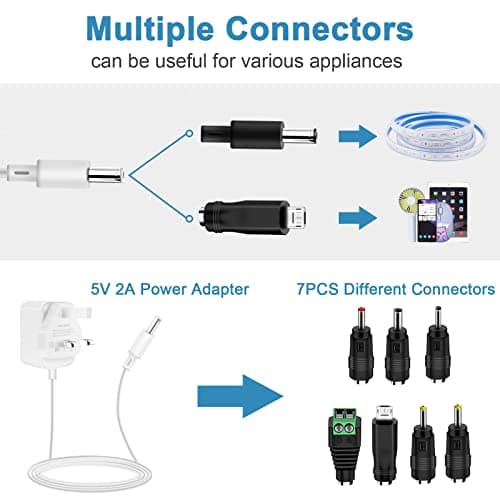 5V 1A 2A Power Supply, Dalugo Universal AC to DC Power Adapter with 7 DC Multi-Plug Connectors, 10W DC Wall Charger for LED Strip Lights,Audio,TV Box,Speaker,Router,Video Android Tablet(White) — view 4