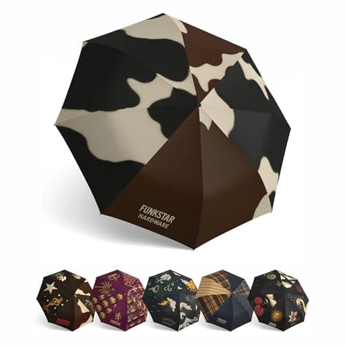 Funkstar Hardware® Compact folding umbrella | Farmhouse funk design | Windproof 8-rib fiberglass | Auto open & close | Waterproof | Fits in a bag | Novelty gift